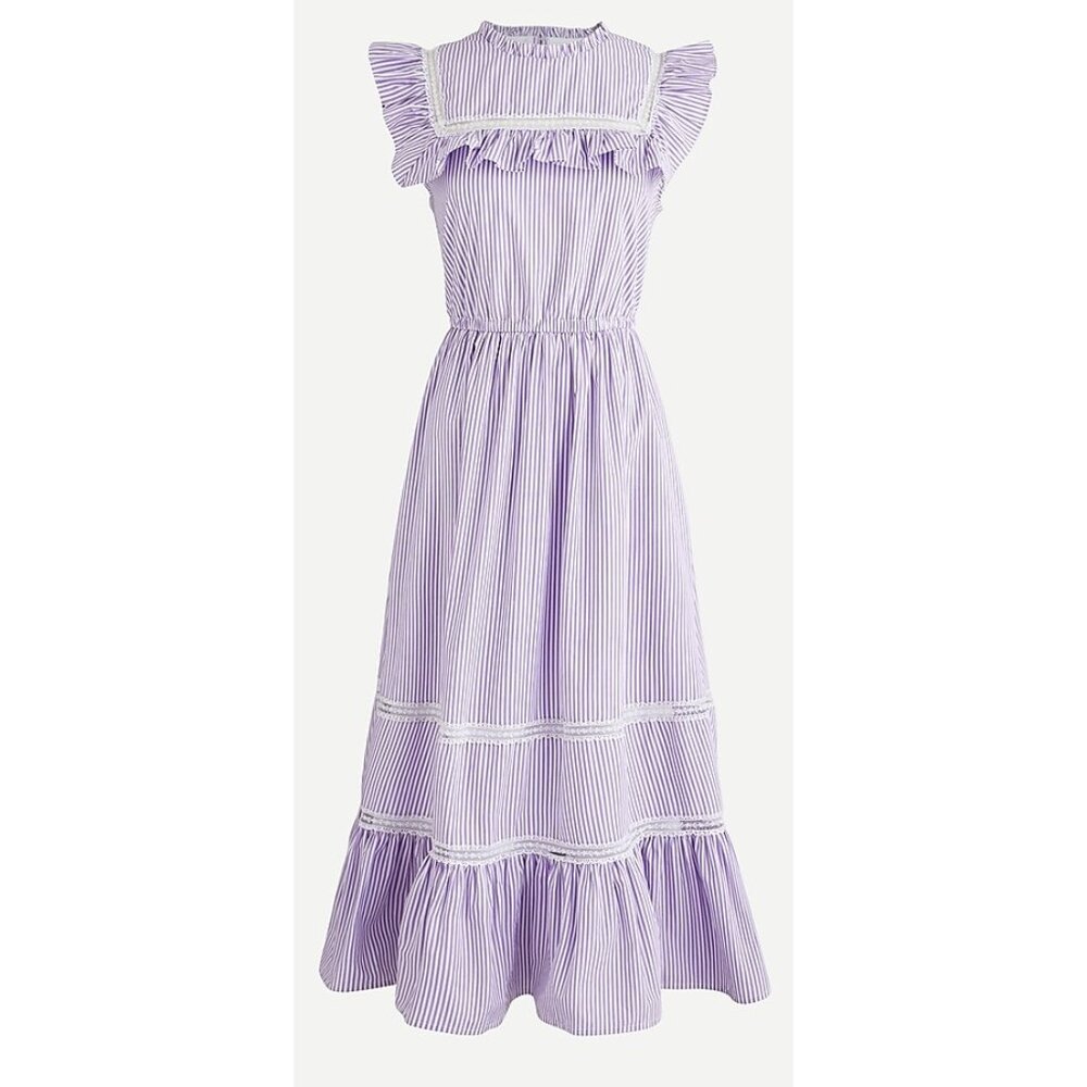 J. CREW Tiered Lace Panel Ruffle Dress Rustic Plum Stripe XS Prairie Cottage